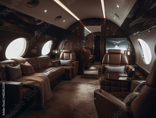 A private jet interior showcasing luxury travel amenities and comfort