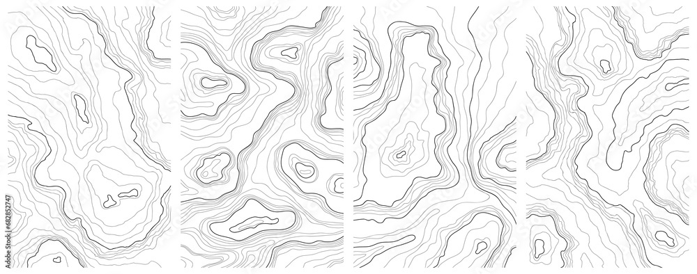 Fototapeta premium Illustration of a topographic map of the island hand drawn set. Abstract concept images for background. Lines and contours relief of mountains collection.