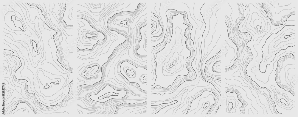 Illustration of a topographic map of the island hand drawn set. Abstract concept images for background. Lines and contours relief of mountains collection. - obrazy, fototapety, plakaty 