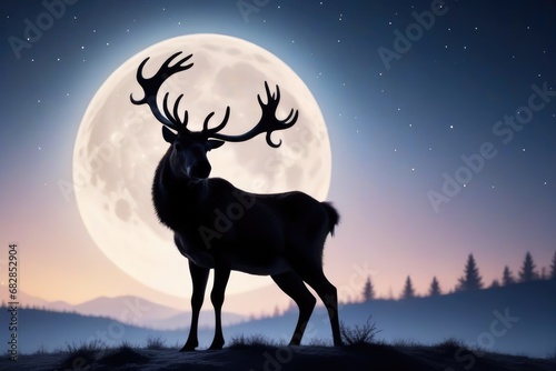 A reindeer in front of a full moon