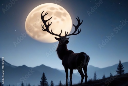 A reindeer in front of a full moon