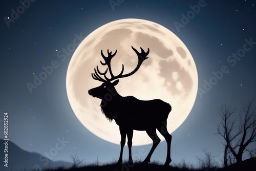 A reindeer in front of a full moon