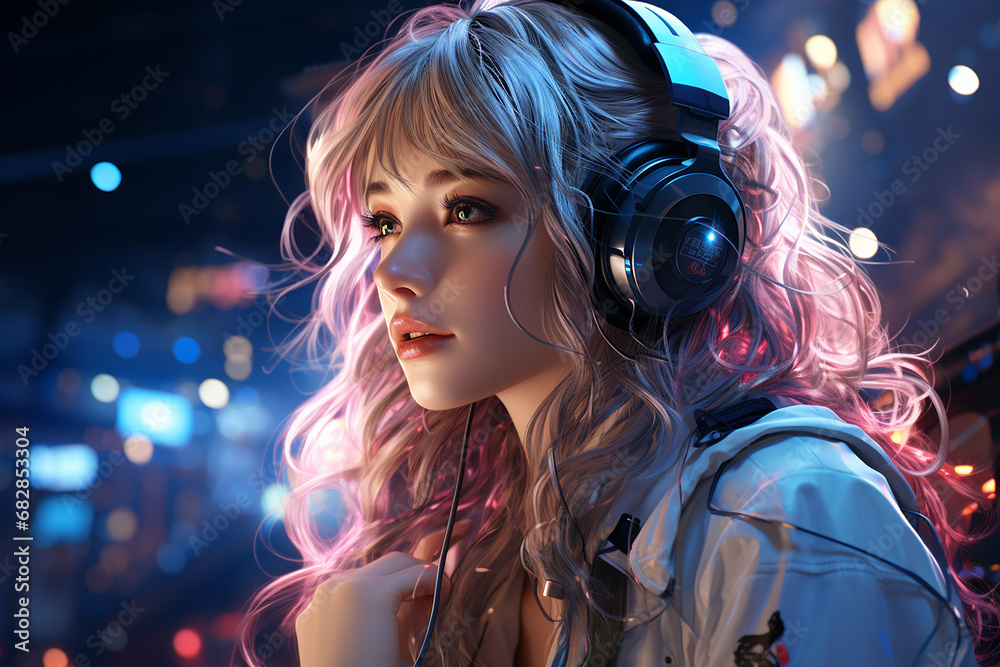 An anime style girl with headset vibe to music