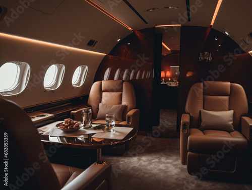 A private jet interior showcasing luxury travel amenities and comfort © Noah