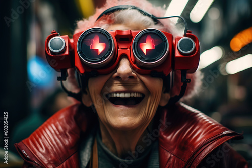 New technologies and senior people. Positive laughing elderly woman using VR glasses, virtual reality helmet