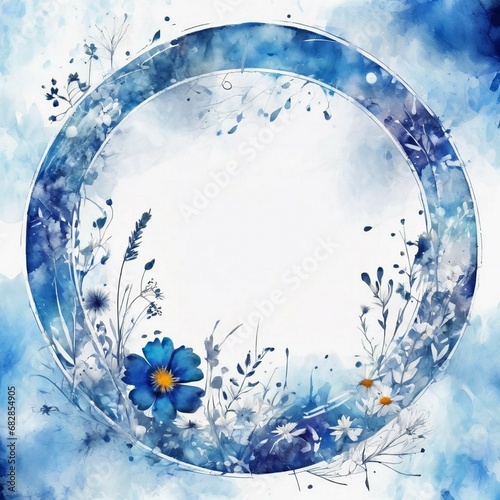 watercolor of grunge circle frame with wildflowers, blue and white contemporary art, intense, stylized, detailed, high resolution
