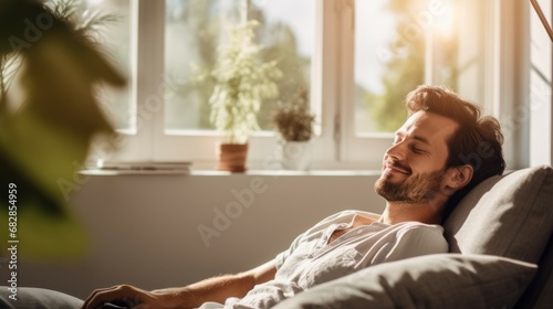 Relaxed Contentment: Man Enjoying a Peaceful Moment in Sunlit Room photo