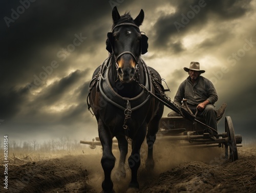Traditional Amish Man Plowing Field with Horses and Stormy Sky Above