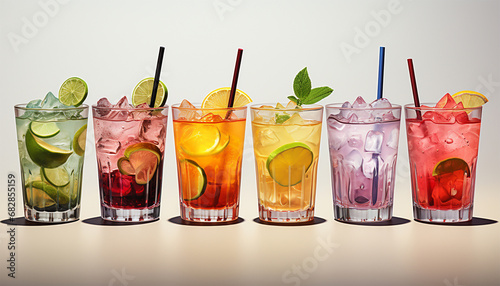 Row of various drinks on light background. Collection of various alcoholic cocktails drink glasses, icons set, different kind of mocktails colorful. Cocktail party concept photo