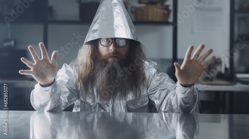 Unconventional Bearded Conspiracy Theorist Wearing Protective Aluminum Foil Headgear and Spectacles Sits at a Table and Gestures Toward
