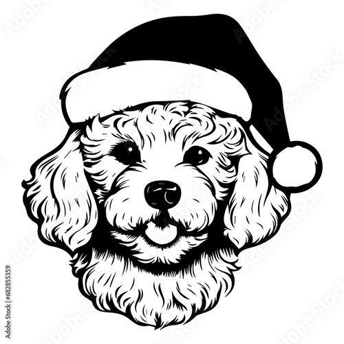 Cute poodle Dog wearing Santa hat head, Christmas illustration, Generative AI.