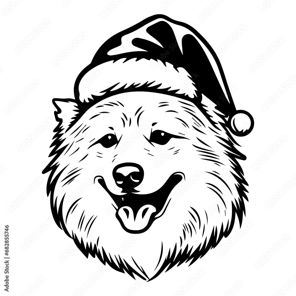 Cute Samoyed Dog wearing Santa hat head, Christmas illustration, Generative AI.