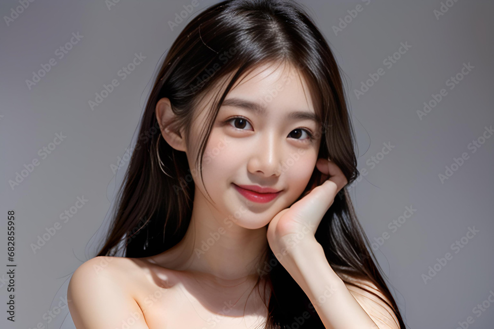 Beautiful smiling Asian girl model with natural makeup touching glowing hydrated skin. Skin care advertising style photo. Beautiful smiling Asian girl model with natural makeup touching glowing hydrated skin. Skin care advertising style photo.