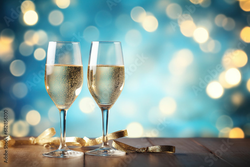 two glasses of champagne with bokeh
