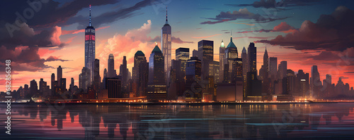 panorama skyline, city, sunset, sky, cityscape, building, night, water, buildings, downtown, skyscraper © umair
