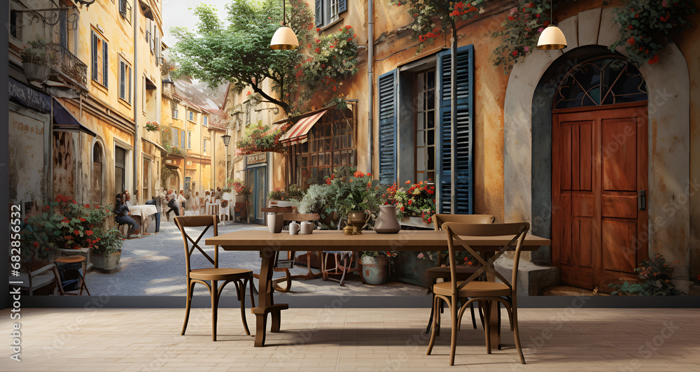 street cafe in the city table, chair, restaurant, cafe, chairs, street, dining, furniture, interior, patio, house, wooden, wood