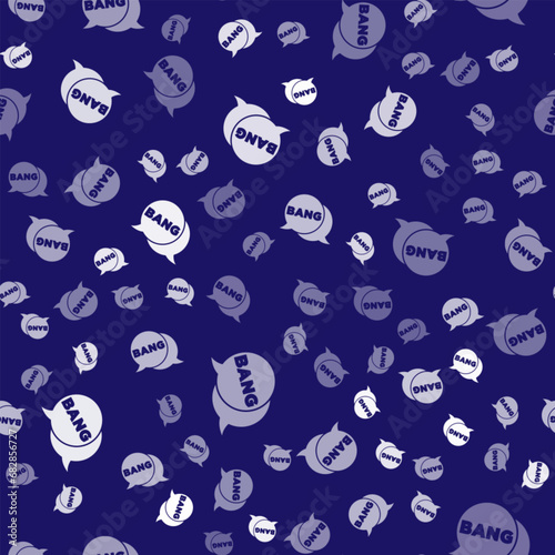 White Bang boom, gun Comic text speech bubble balloon icon isolated seamless pattern on blue background. Vector