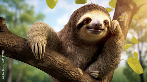 A happy sloth hanging from a tree. generative ai