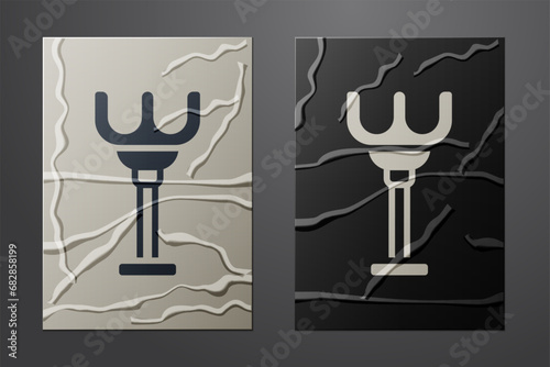 White Rake toy icon isolated on crumpled paper background. Children toy for beach games. Paper art style. Vector