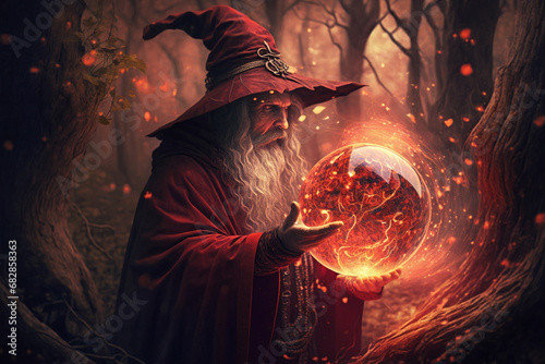 Enter a enchanting realm of a wizard, adorned with a hat, making mesmerizing spells using a captivating globe of fire. Ai generated photo