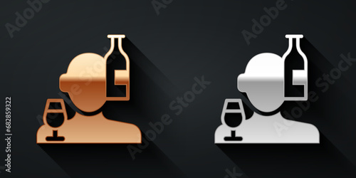 Gold and silver Alcoholism, or alcohol use disorder icon isolated on black background. Long shadow style. Vector