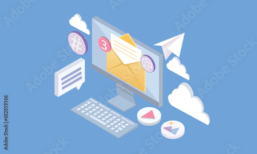 3d minimal email service scene without people in 3D cartoon design. Image of an e-mail box and letters on a computer screen.on pastel blue background.