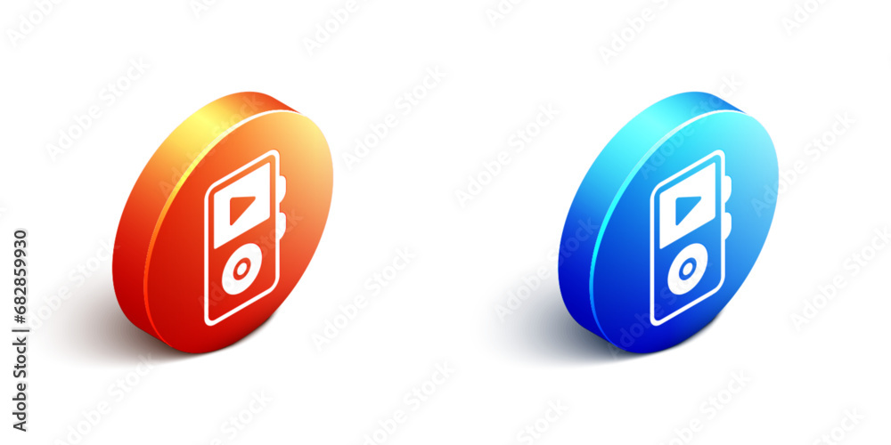 Isometric Music player icon isolated on white background. Portable music device. Orange and blue circle button. Vector Isometric Music player icon isolated on white background. Portable music device. Orange and blue circle button. Vector