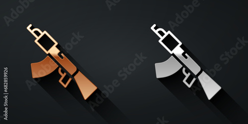 Gold and silver Submachine gun icon isolated on black background. Kalashnikov or AK47. Long shadow style. Vector