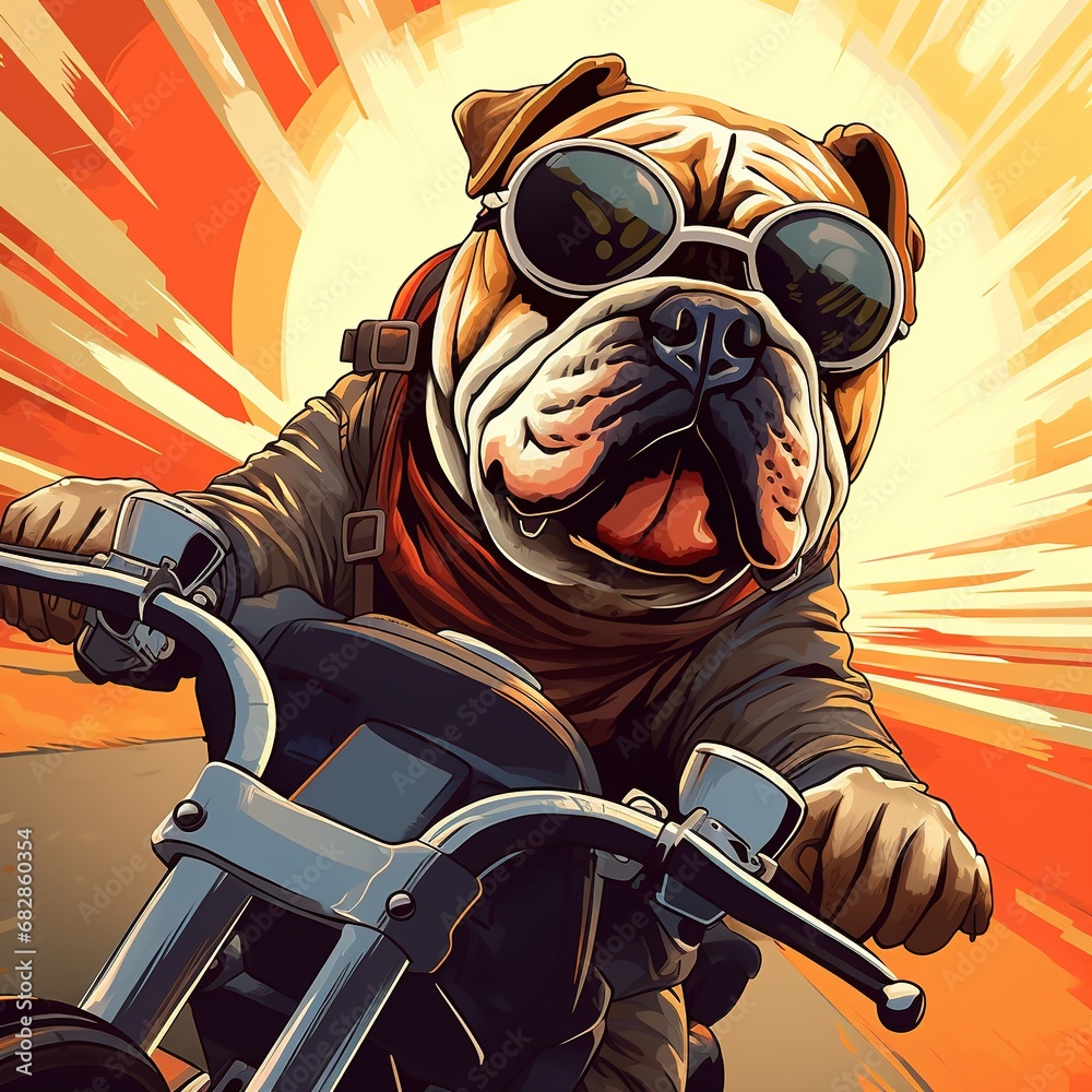 Bulldog riding a mortorcycle in the summer