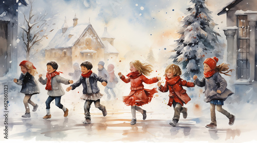 kinder spielen im schnee auf einem weihnachtsmarkt und laufen herum spielen fangen und tanzen im schnee photo