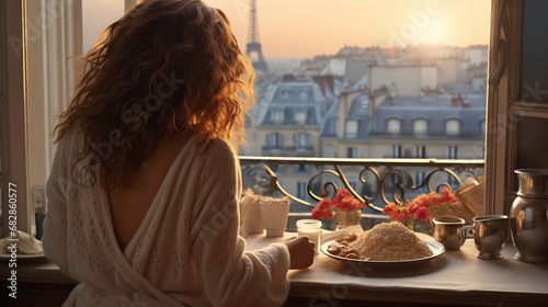 frau schaut aus hotel zimmer in paris auif den eifletrum beim frühstück im moegrenmantel entspannt fröhlich rücken taille 