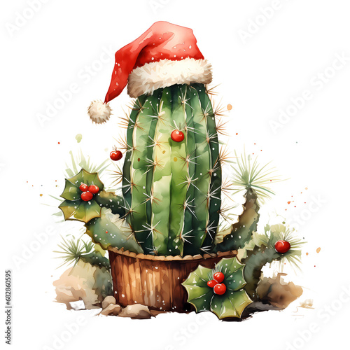 Funny Christmas Cactus in pot with Santa Claus hat -isolated PNG watercolor