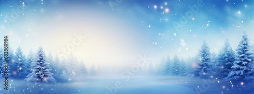 Christmas trees with illumination and snow blurred background banner. © Chrixxi