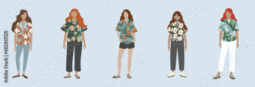 Tropical Vibes: Minimalist Faceless Women Vector Graphics Bundle with Hawaiian Floral Shirts