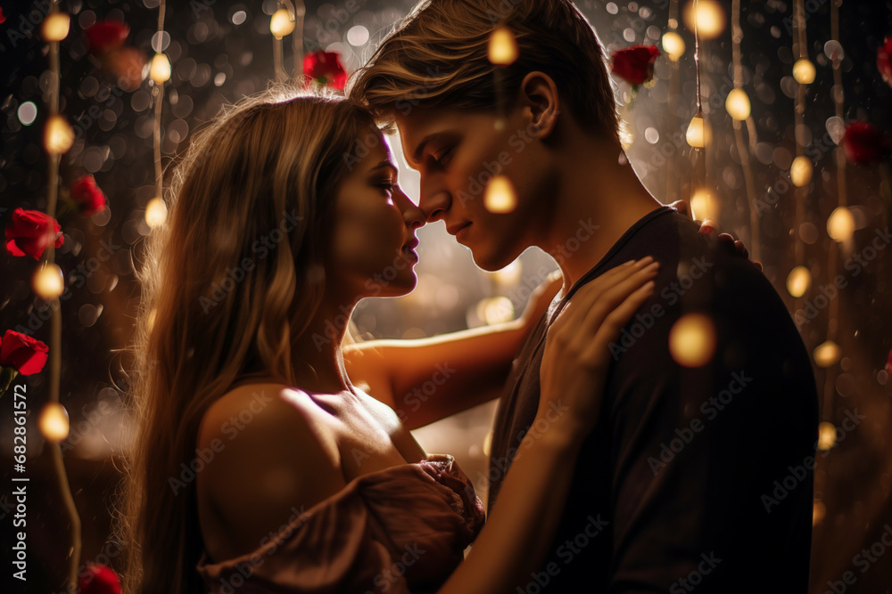 Romantic Embrace under Golden Lights with Red Roses - A Moment of Love and Intimacy Romantic Embrace under Golden Lights with Red Roses - A Moment of Love and Intimacy