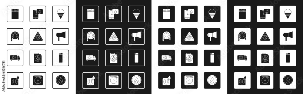 Set Fire cone bucket, flame in triangle, hose reel, Open matchbox and matches, Megaphone, Phone with emergency call 911, Lighter and Ambulance car icon. Vector Set Fire cone bucket, flame in triangle, hose reel, Open matchbox and matches, Megaphone, Phone with emergency call 911, Lighter and Ambulance car icon. Vector