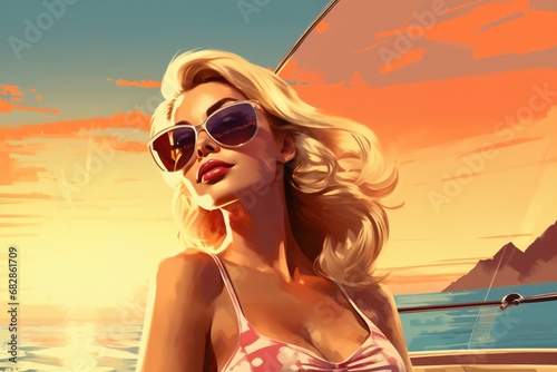 Portrait of a beautiful fashionable woman with a hairstyle and sunglasses, on a yacht, at sunset, blue sky background. Illustration, poster in style of the 1960s
