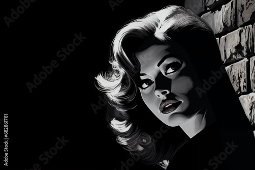 Portrait of a woman at night  near a brick wall background  dark  street. Noir. Tense mood  anxiety and fear. Illustration poster in style of 1960