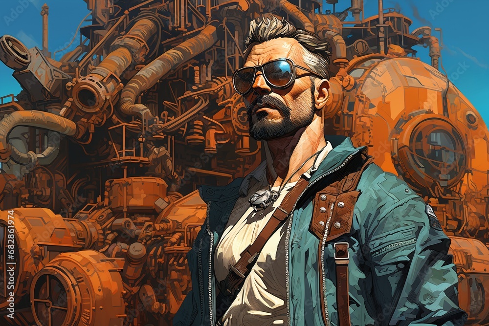 Portrait of a man dressed in overalls, outside a factory, on an alien planet, desert and rocks, futuristic style