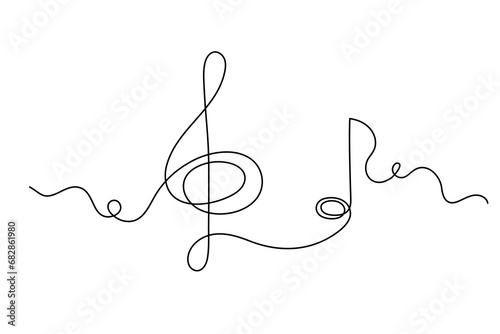 Treble clef and musical note one line art, hand drawn continuous contour. Artistic creative concept, minimalist template design. Editable stroke. Isolated. Vector illustration