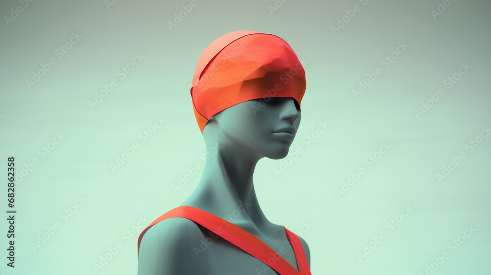 Female Mannequin model wrapped with orange red cotton fabric cloth - art concept of being bound by beauty standards, minimalist background studio scene. Female Mannequin model wrapped with orange red cotton fabric cloth - art concept of being bound by beauty standards, minimalist background studio scene.