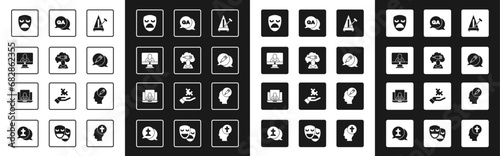 Set Metronome with pendulum, Addiction to the drug, Psychologist online, Drama theatrical mask, Question and Answer, and icon. Vector