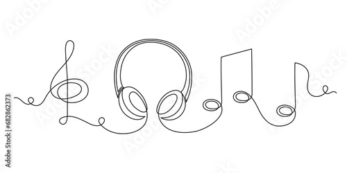 Headphone with treble clef and notes one line art,hand drawn device gadget continuous contour.Listening music wireless online concept,audition songs technology.Editable stroke.Isolated.Vector