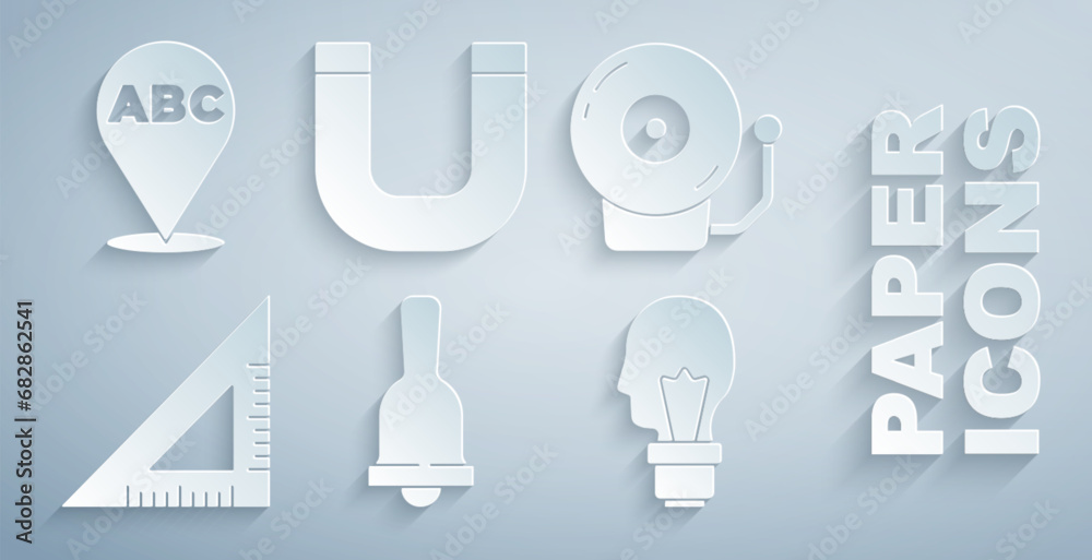 Set Ringing bell, alarm, Triangular ruler, Light bulb with concept of idea, Magnet and Alphabet icon. Vector Set Ringing bell, alarm, Triangular ruler, Light bulb with concept of idea, Magnet and Alphabet icon. Vector