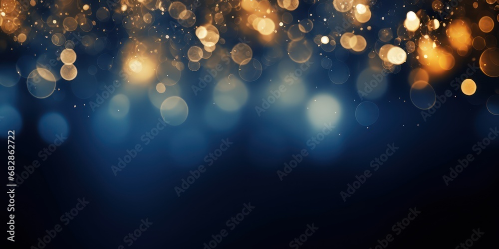 Festive celebration holiday christmas, new year, new year's eve banner template illustration - Abstract gold bokeh lights on dark blue background texture, de-focused - obrazy, fototapety, plakaty 