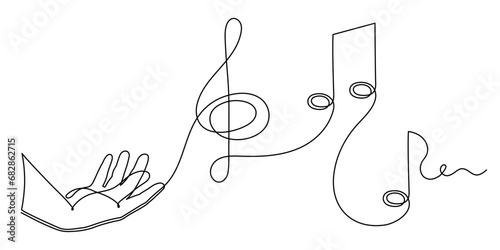 Hand holds musical treble clef and note one line art, hand drawn continuous contour. Artistic creative concept, minimalist outline design. Editable stroke. Isolated. Vector illustration