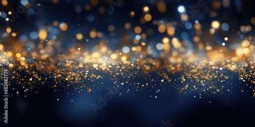 Festive celebration holiday christmas, new year, new year's eve banner template illustration - Abstract gold bokeh lights on dark blue background texture, de-focused