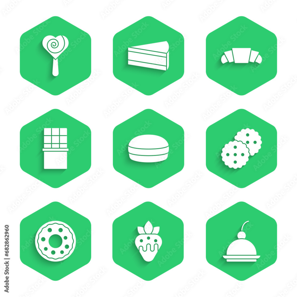 Set Macaron cookie, Strawberry in chocolate, Cherry cheesecake, Cookie or biscuit, Donut, Chocolate bar, Croissant and Lollipop icon. Vector Set Macaron cookie, Strawberry in chocolate, Cherry cheesecake, Cookie or biscuit, Donut, Chocolate bar, Croissant and Lollipop icon. Vector