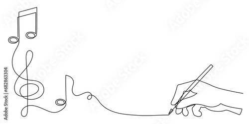 Hand writes musical treble clef and notes one line art, hand drawn continuous contour. Artistic creative concept, minimalist outline design. Editable stroke. Isolated. Vector illustration