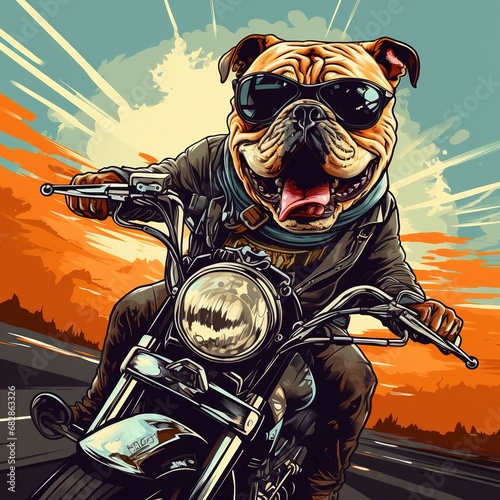 Bulldog riding a mortorcycle in the summer